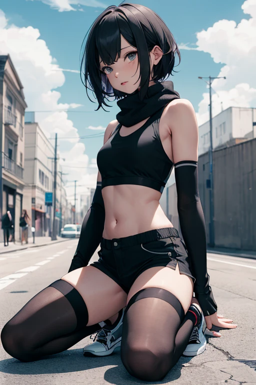 femboy, long black thigh-high stockings, black arm warmers, black top, black short shorts, black converse high-top sneakers, clouds on the wrists, short black broken hair, Latin, fluffy gray scarf, Latin.