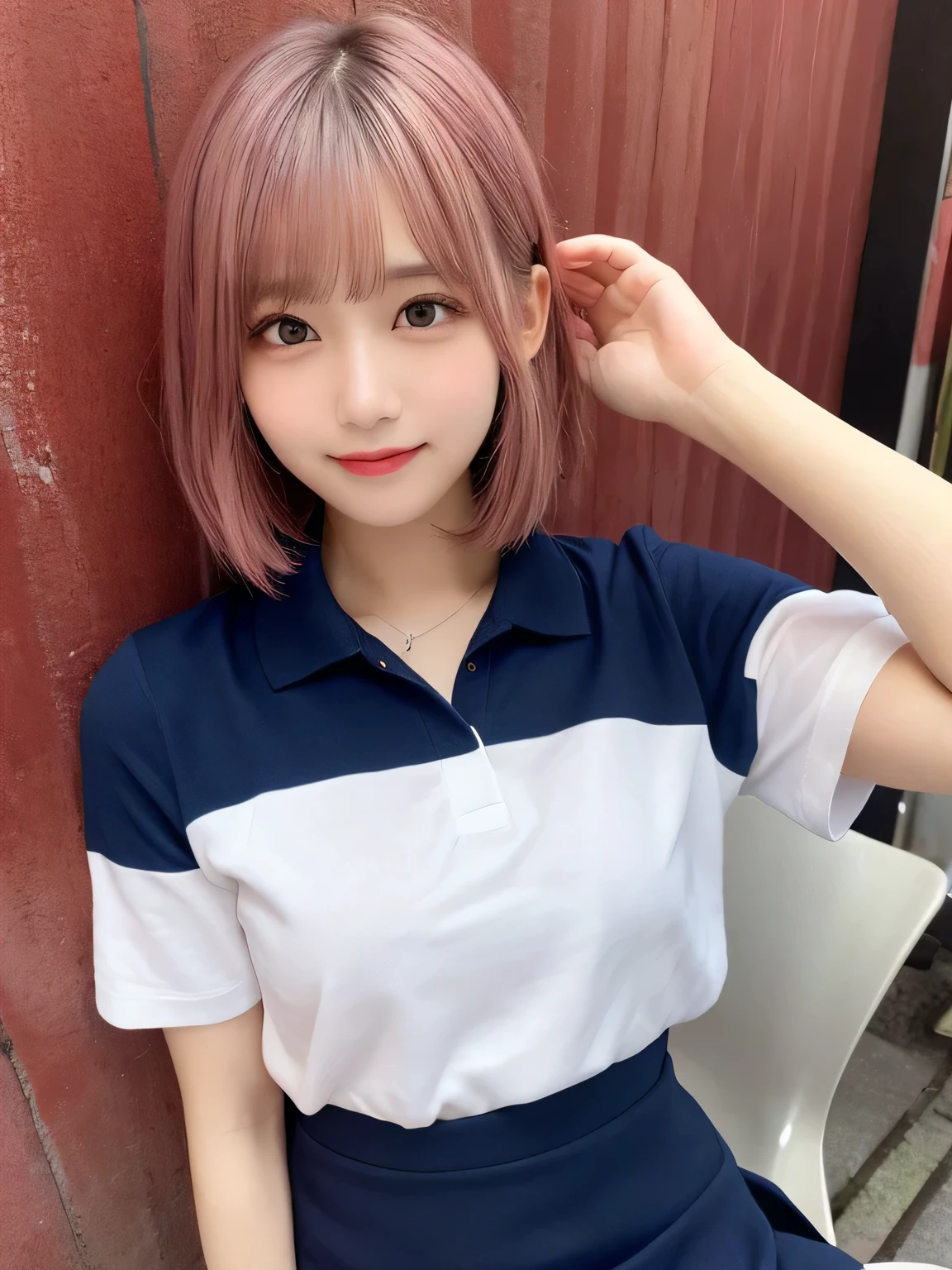 highest quality, figure, sexy、slender、Navy blue open front polo shirt、sexy very detailed, Fine details,Slim body、slender、Japanese girl、 High resolution, 8k,wallpaper, Perfect dynamic composition, Beautiful fine details, Short Bob Hair、Pink Hair Color,Big Natural Color Lip, Bold sexy pose,smile、Cold Stare,16-year-old girl、Cute type、Lolita、Good Eyes、whole body,Pink wall,Sitting on a chair、Sexy thighs are visible、Navy blue mini skirt、