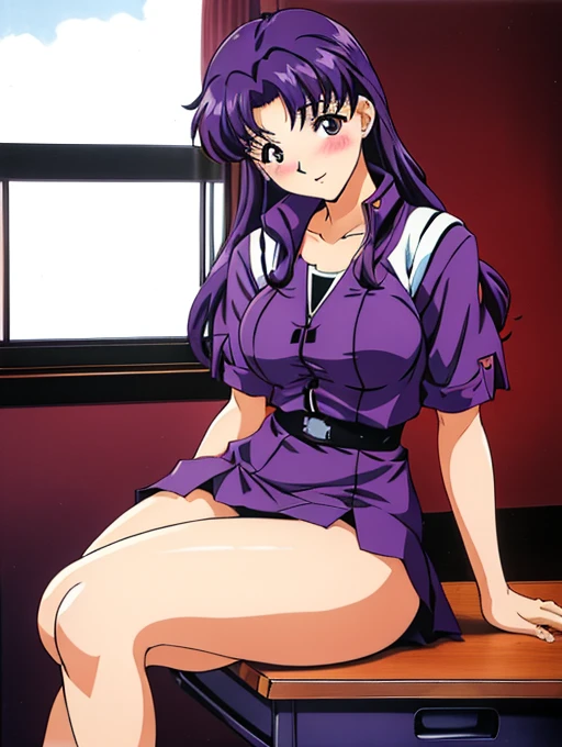 ((Katsuragi Castle_Misato)), Sailor suit,Miniskirt Photo shoot in apartment, Moderate_chest, Purple Hair,blush、 (analog quality:0.6), (Film Grain:0.8),Skirt lifted、Panty shot、Showing cute panties、M-shaped legs、Sit at the table