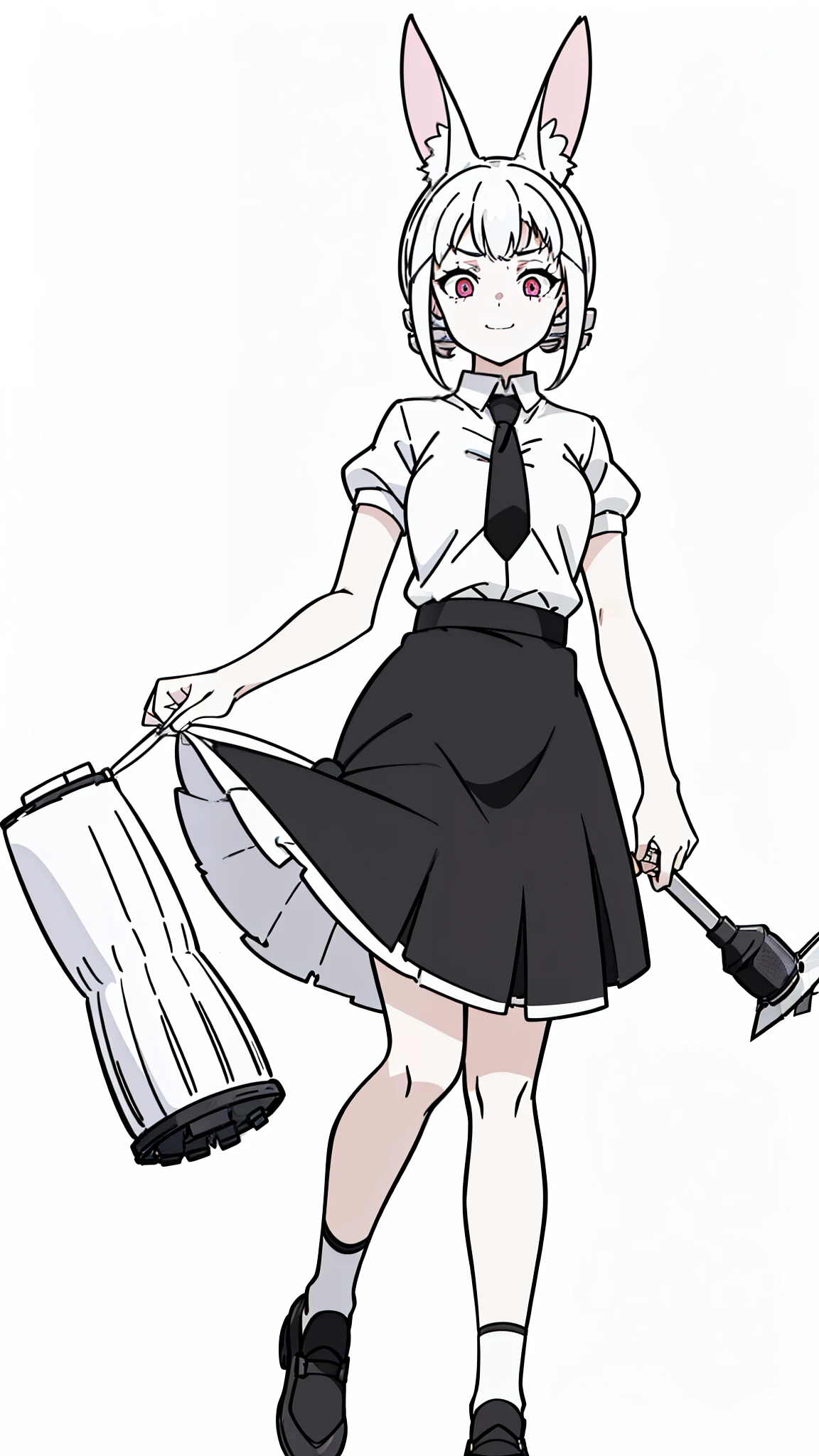 1girl,20 years old,solo,((white background,line drawing)),short hair,white hair,(((drill hair))),pink eyes,((white shirt,short sleeves,black standart tie,black skirt)),smile,sharpless teeth,rabbit ears,angry,