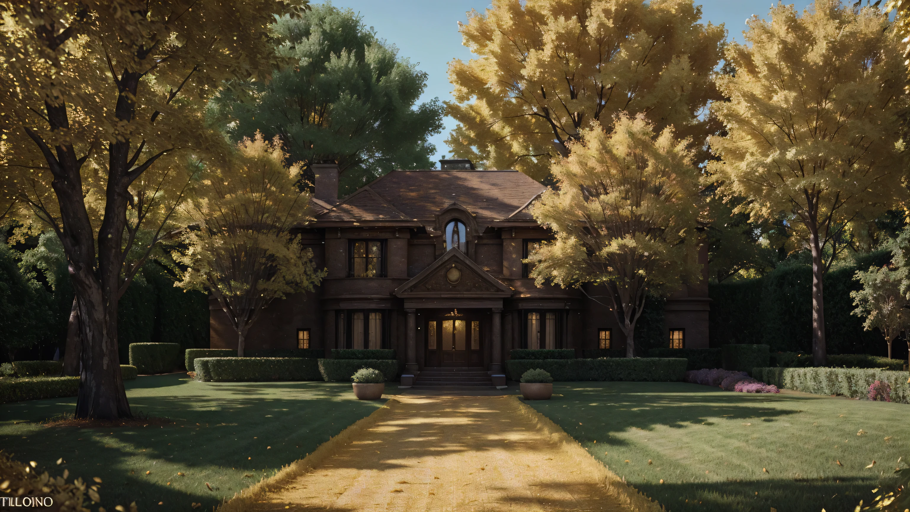a billionaire's mansion with golden trees full of gold bars and gold coins, ultra realistic image, hyper detailed skin, vivid and intense colors, 8K.