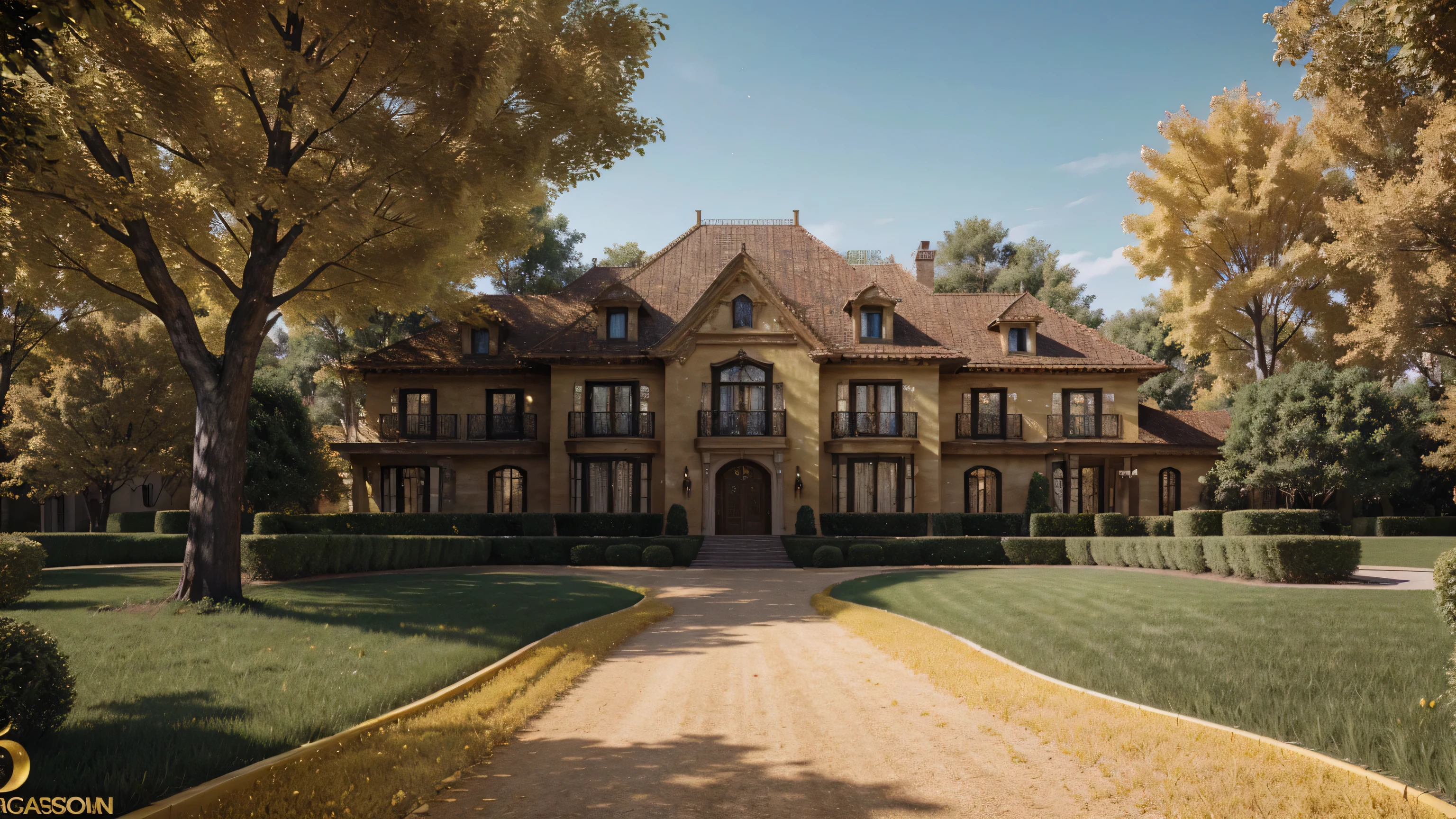a billionaire's mansion with golden trees full of gold bars and gold coins, ultra realistic image, hyper detailed skin, vivid and intense colors, 8K.