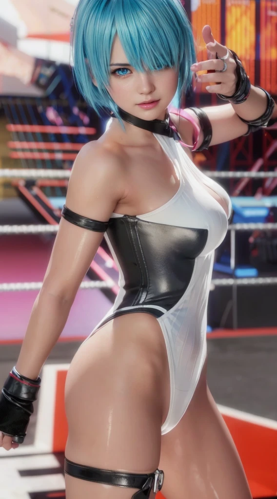 Nico, blue hair, light blue eyes, (best quality, ultra-detailed), (realistic:1.37), beautiful and detailed face, ultra-realistic texture, delicate face, delicate body, red lipstick, bright colors. High definition, 8K, well defined legs