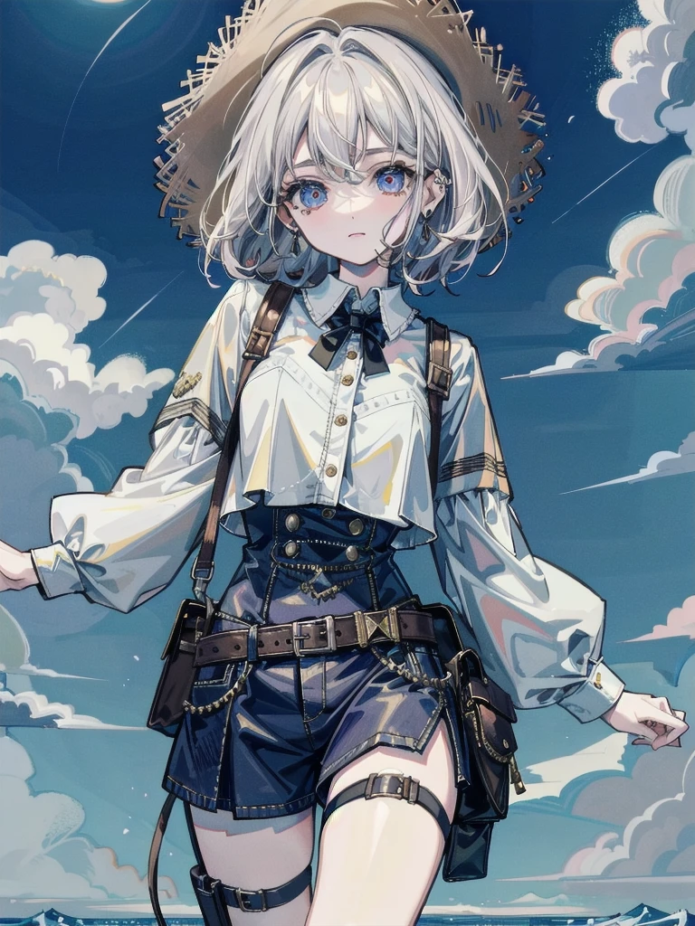 whole body, cowgirl outfit, holster, absurdres, extremely delicate and beautiful, Best Quality, pale skin, 20 years old, tearful mole, earring, short medium hair, wavy hair,