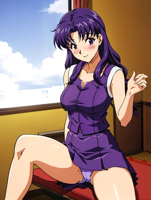 ((Katsuragi Castle_Misato)), Sailor suit,Miniskirt Photo shoot in apartment, Moderate_chest, Purple Hair,blush、 (analog quality:0.6), (Film Grain:0.8),Skirt lifted、Panty shot、Showing cute panties、Legs apart、M-shaped legs、Sit at the table