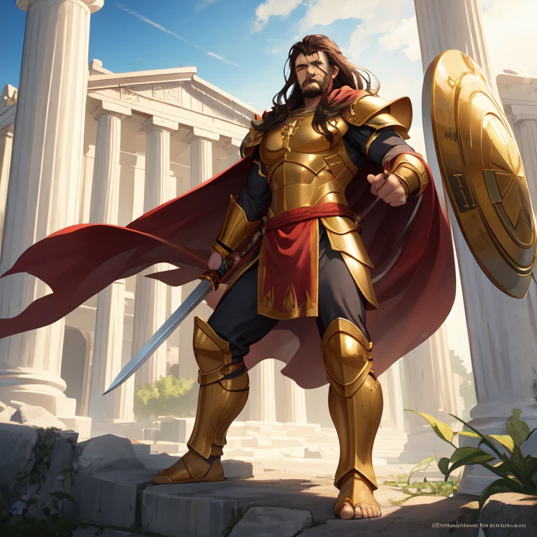 Warrior Spartan man with shield and sword, wearing a red cape and golden armor, in a Greek temple with long brown hair outdoors