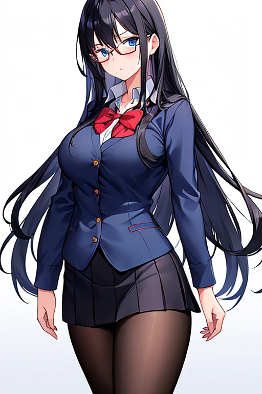 1girl, black hair, long hair, blue eyes, red glasses, glasses, blue eyes, large breasts, mature female, (school uniform), black shirt, shirt, dark blue shirt, white skirt, pantyhose, shy, timid