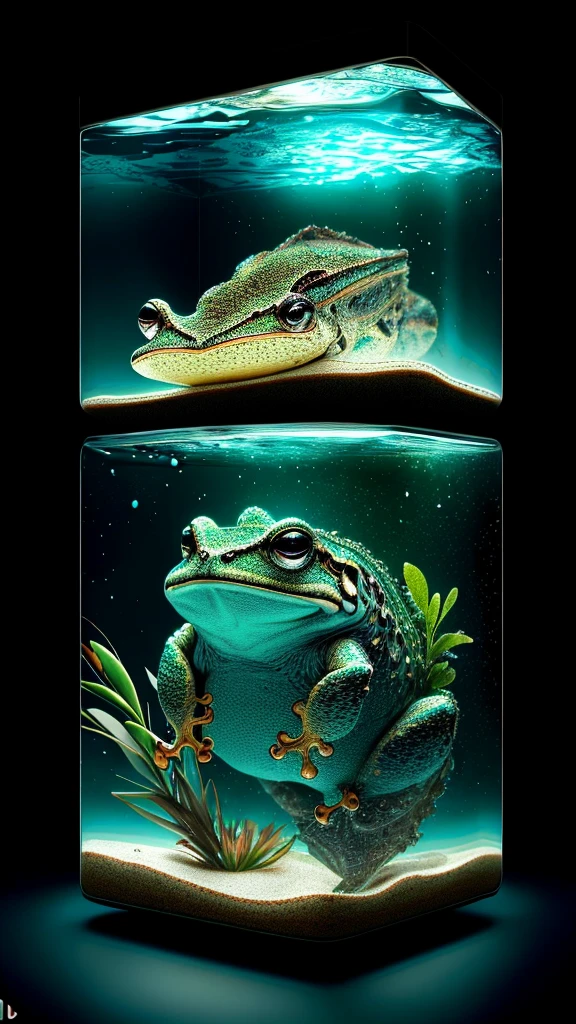 A captivating visual representation of a desert frog comfortably perched in a sleek, square aquarium. The frog boasts a striking green, mottled skin texture echoing the arid desert in his habitat. His bright, watchful eyes reflect wisdom of the harsh desert terrain. The aquarium is set at an angle, casting intriguing shadows and adding a sense of suspense, as if this interstellar traveler has just emerged from the endless sands.