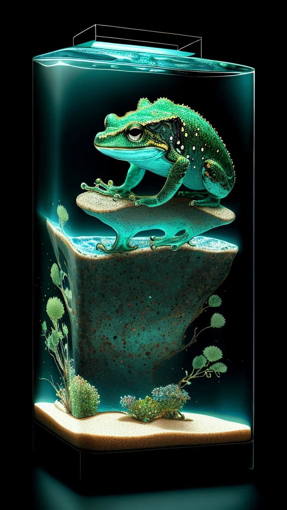 A captivating visual representation of a desert frog comfortably perched in a sleek, square aquarium. The frog boasts a striking green, mottled skin texture echoing the arid desert in his habitat. His bright, watchful eyes reflect wisdom of the harsh desert terrain. The aquarium is set at an angle, casting intriguing shadows and adding a sense of suspense, as if this interstellar traveler has just emerged from the endless sands.