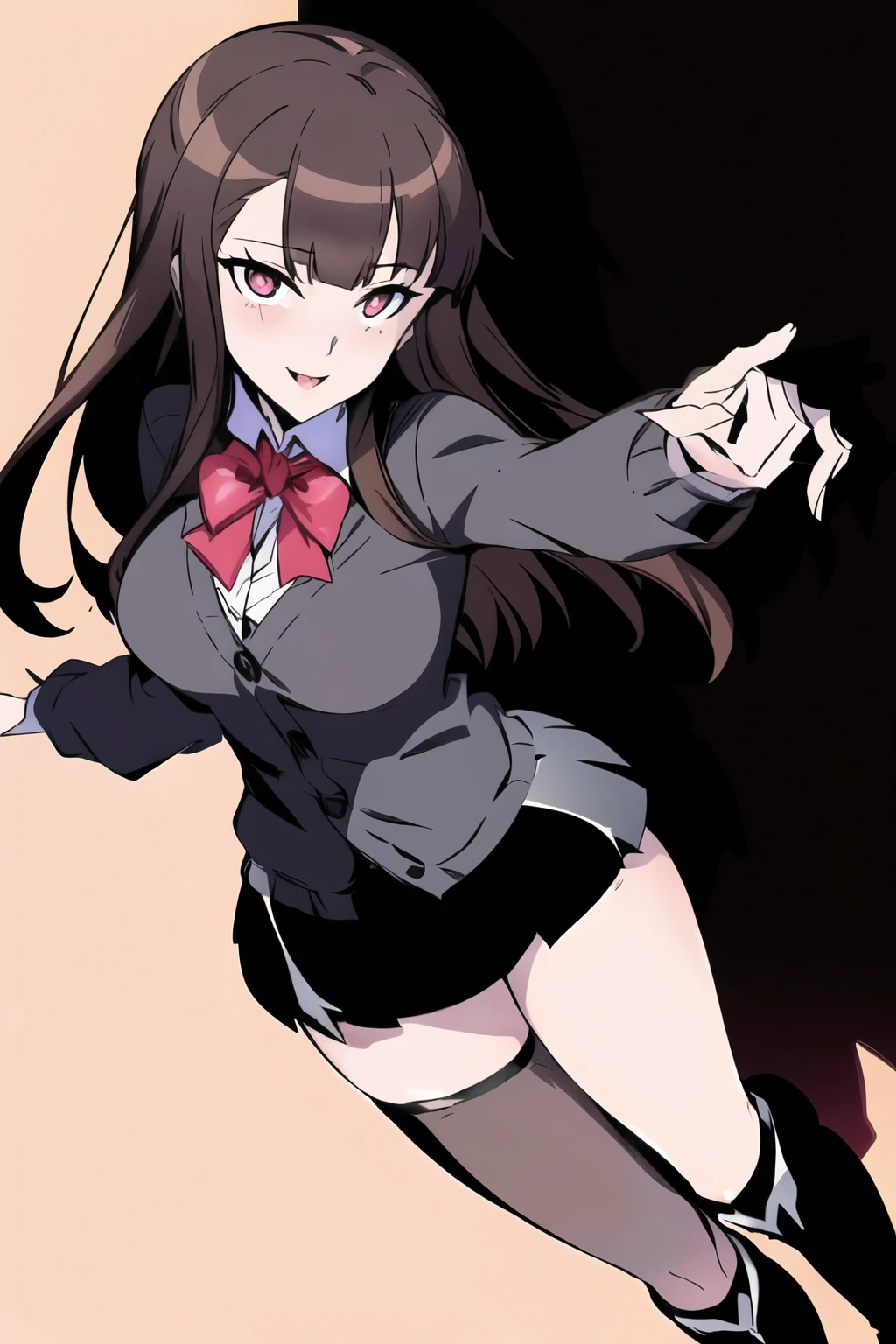 1girl, solo, hat, ((darker skin:0.9)), ((long hair)), ((dark brown hair)), ((hime hair bangs)), ((black eyes)), ((heart-shaped pupils)), ((excited expression)), (light blush), (Cardigan), (skirt), (cat thigh highs), (knee high boots with heel), (in love), ribbon, (dynamic pose), sidelocks, lips, (holy), ((shadow heart magic)), ((fangirl pose)),