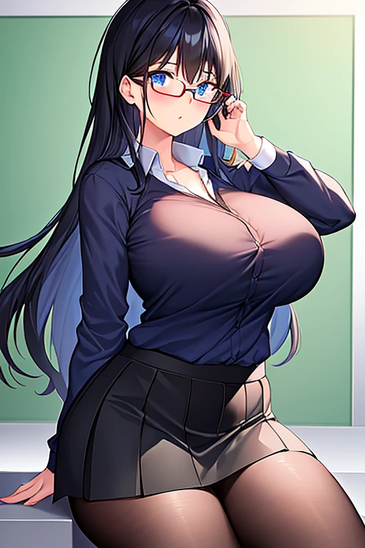 1girl, black hair, long hair, blue eyes, red glasses, glasses, blue eyes, huge breasts, thick thighs, mature female, (school uniform), black shirt, shirt, dark blue shirt, white skirt, pantyhose, shy, timid, miniskirt, ((white skirt)),