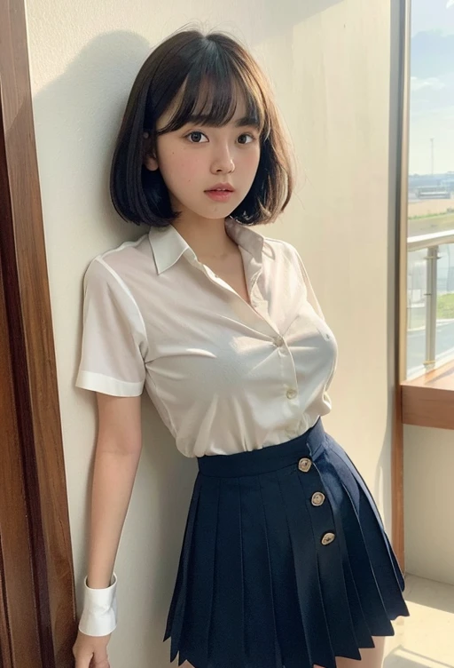 (highest quality, 8k, masterpiece ), A -yeld jua young face、Short Hair, bangs、The bra is visible,Black Hair、My shirt is about to burst、、bangs:0.6,Glamour thighs:1.1、A very tight, see-through button-down shirt、Navy Pleated Mini Skirt, Highly detailed face, double eyelid, Strong natural light、Round face:1.2、whole body、Plump thighs:1.1、loafers、round face:1.3、Side Angle,Diagonal horizontal angle:1.2