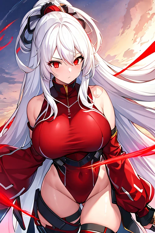 1girl, white hair, long hair, red eyes, serious, glowing eyes, large breasts, mature female, athletic female, toned, leotard, black leotard,