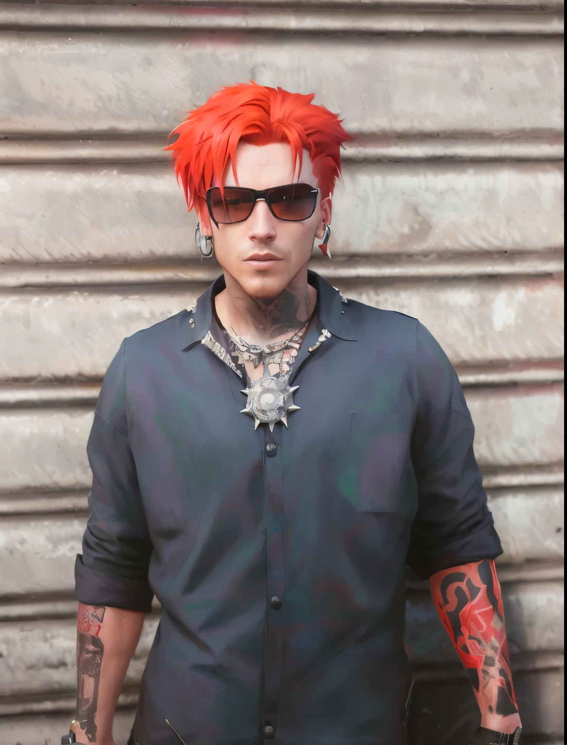 arafed man with red hair and tattoos standing in front of a metal wall, detailed punk hair, as a character from gtav, cyberpunk street goon, gta character, mechanic punk outfit, with red hair, messy spiked red hair, wearing a bandana and chain, inspired by Dean Roger, dressed in crustpunk clothing, portrait of a male punk, punk-rocker realistis
