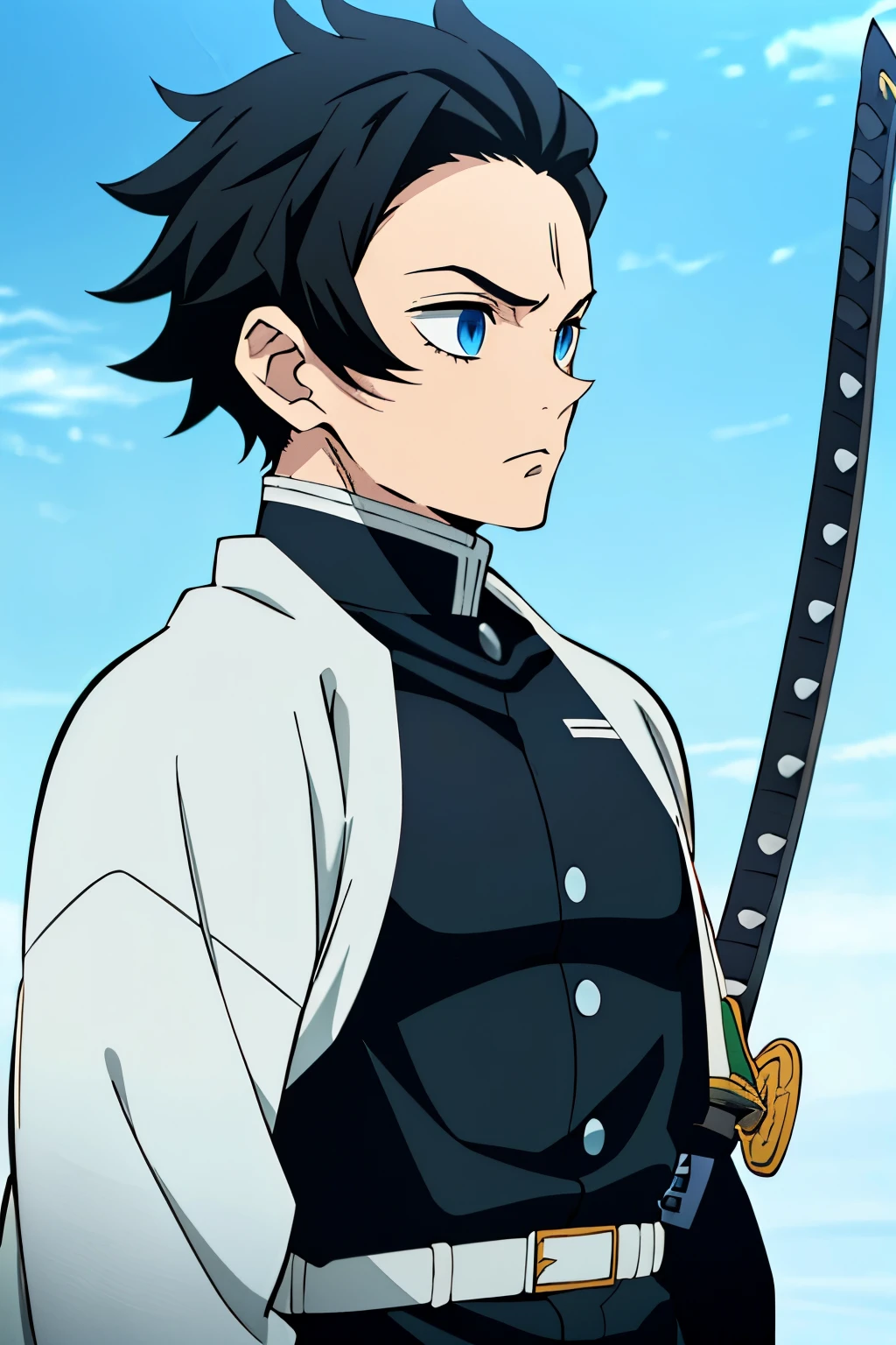 Male, Jet black hair, short length brushed back hair, icy blue eyes, ager, lean athletic body, strong jawline, (Black Demon Slayer Uniform), (Kimetsu no Yaiba), ((Long White colored katana))