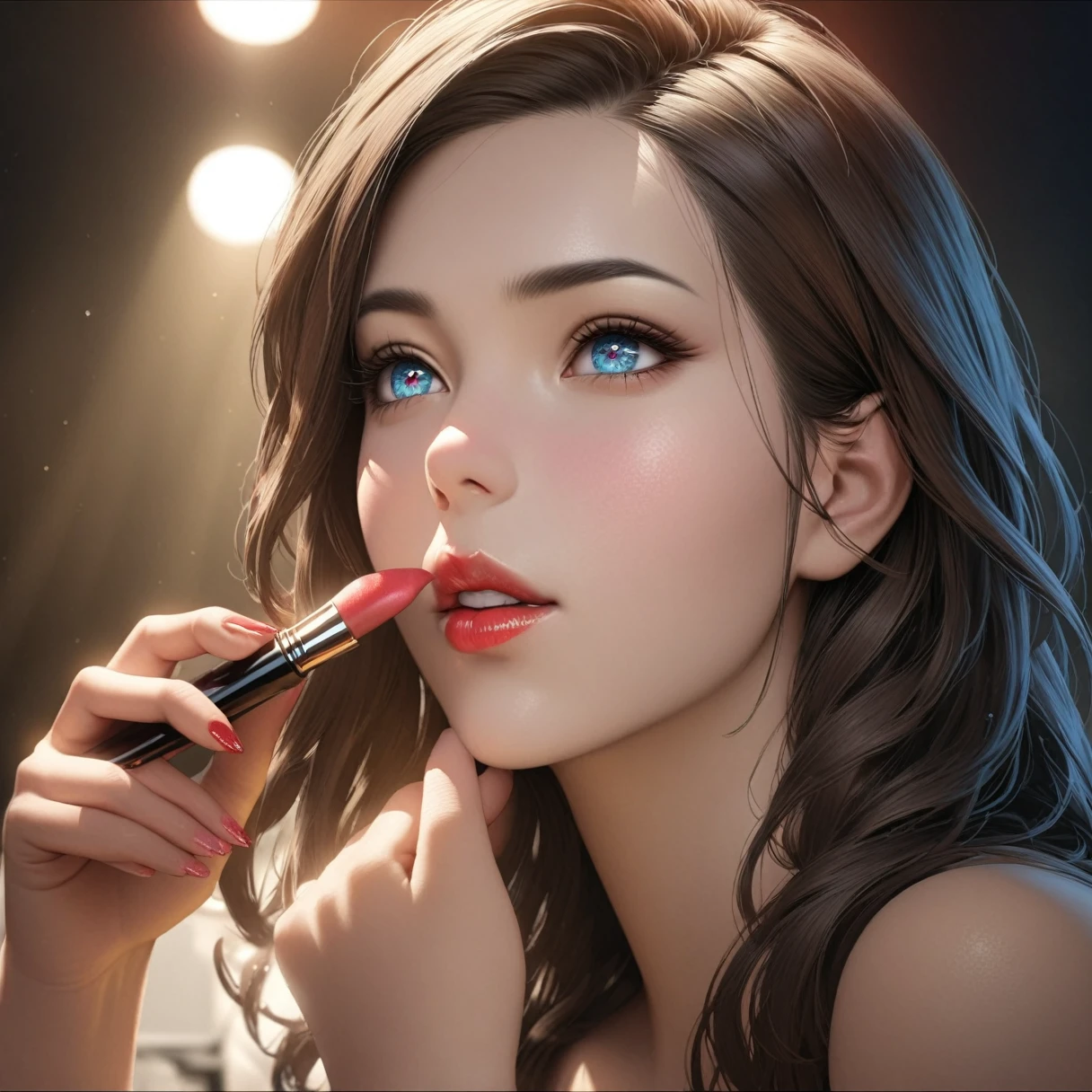 a beautiful woman applying lipstick, detailed beautiful woman's face, ultra-detailed eyes and face, extremely detailed lips, beautiful detailed eyes, beautiful detailed lips, photorealistic, 8k, high quality, vivid colors, studio lighting, masterpiece