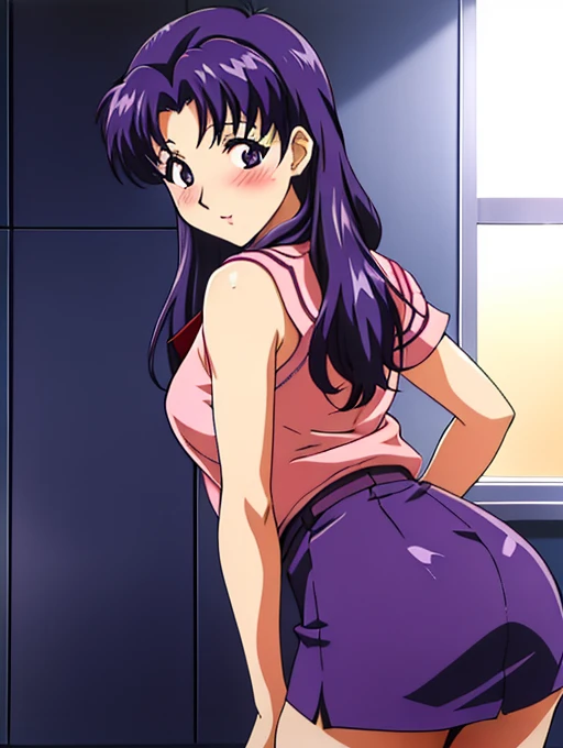 ((Katsuragi Castle_Misato)), Sailor suit,Miniskirt Photo shoot in apartment, Moderate_chest, Purple Hair,blush、 (analog quality:0.6), (Film Grain:0.8),Skirt lifted、Panty shot、Cute Panties、Backwards、look back