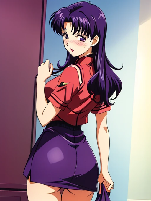 ((Katsuragi Castle_Misato)), Sailor suit,Miniskirt Photo shoot in apartment, Moderate_chest, Purple Hair,blush、 (analog quality:0.6), (Film Grain:0.8),Skirt lifted、Panty shot、Cute Panties、Backwards、look back