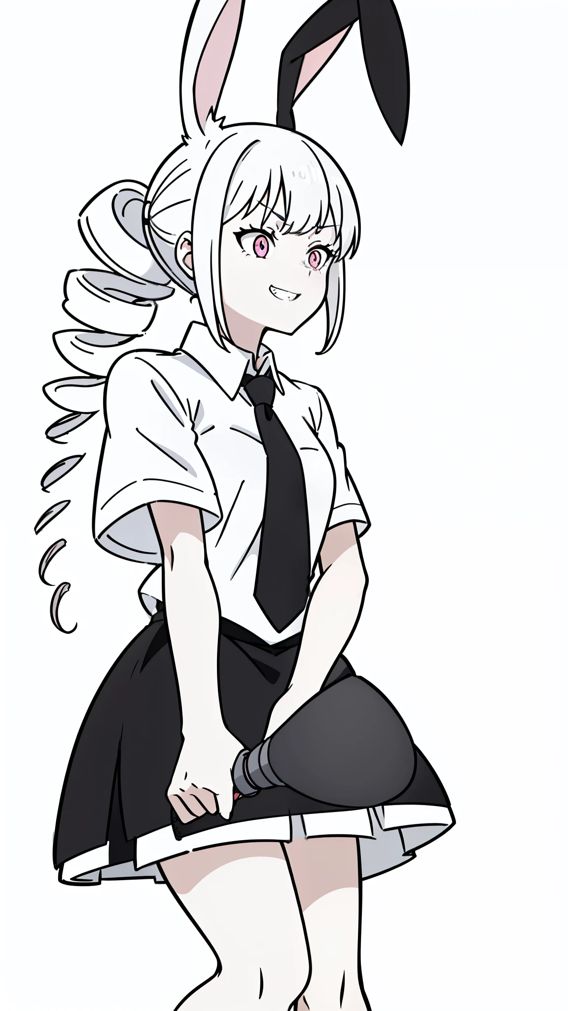 1girl,20 years old,solo,((white background,line drawing)),short hair,white hair,(((drill hair))),pink eyes,((white shirt,short sleeves,black standart tie,black skirt)),smile,sharp teeth,rabbit ears,angry,