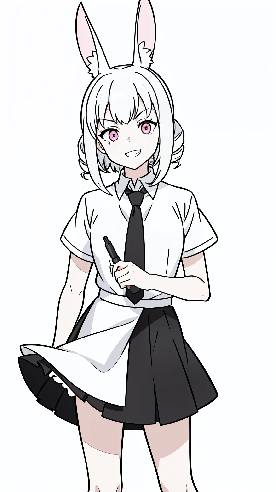 1girl,20 years old,solo,((white background,line drawing)),short hair,white hair,(((drill hair))),pink eyes,((white shirt,short sleeves,black standart tie,black skirt)),smile,sharp teeth,rabbit ears,angry,