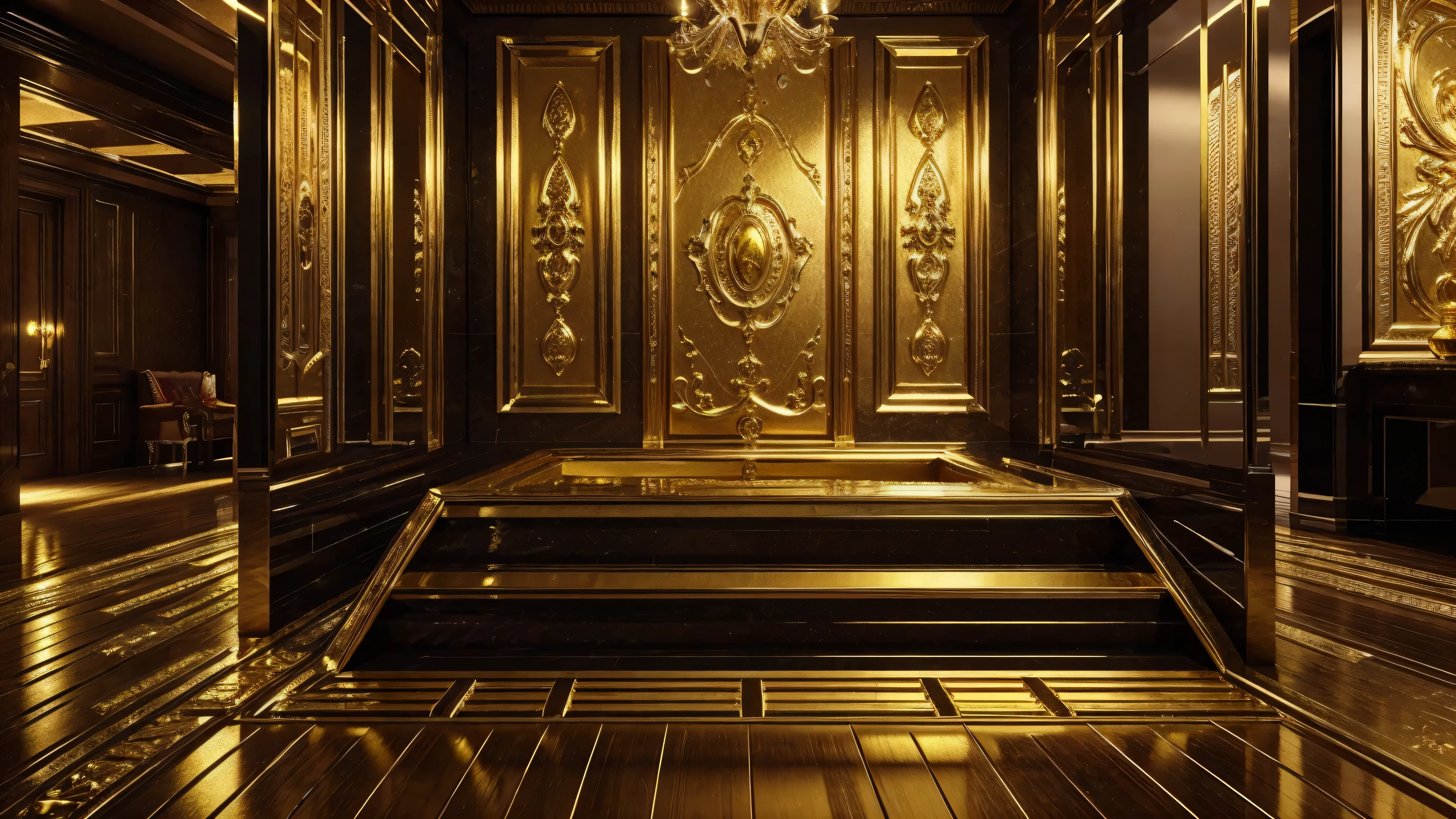 a millionaire's mansion full of gold bars and gold coins.ultra realistic image.hyper detailed skin.vivid and intense colors.8K.