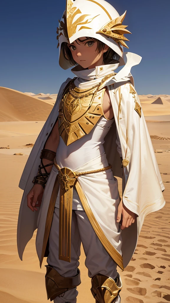 Garoto no Deserto: An Impassive Boy in a Straightjacket, Tomando uma Escudo, Vestido com uma Armadura de Prata Polida, With an Ivory Helmet Embellished with Pearls, Set in a Desert with Sand Lights Illuminating the Environment, Your Army&#39;s Flight Signal Goes Up in Smoke, A Vida nos Campos de Batalha Bramam, Batalhas Intensas Atoam o Horizonte, Receives Warning from Base by a Smoke Mark, Enquanto Chuvas