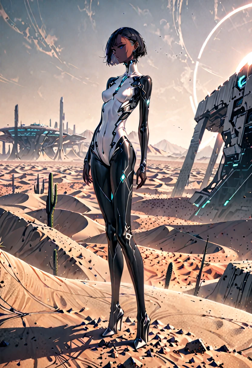 solo, female, sfw, futuristic, dark skin, black hair, slender, tall, elegant concrete, desert 