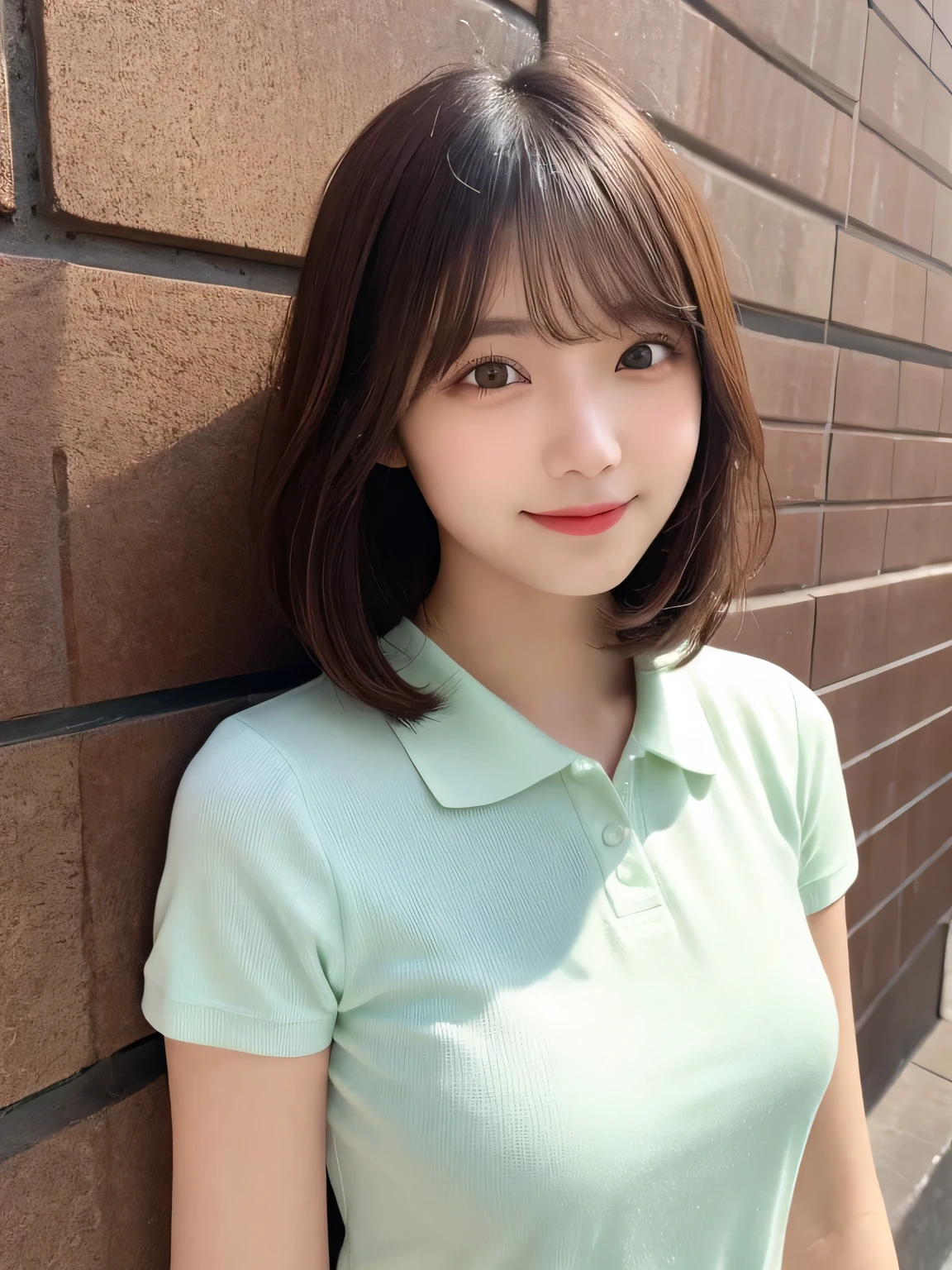 highest quality, figure, sexy、slender、Navy blue open front polo shirt、sexy very detailed, Fine details,Slim body、slender、Japanese girl、 High resolution, 8k,wallpaper, Perfect dynamic composition, Beautiful fine details, Short Bob Hair、Brown Hair Color,Big Natural Color Lip, Bold sexy pose,smile、Cold Stare,16-year-old girl、Cute type、Lolita、Good Eyes、whole body,Pink wall,Sexy thighs are visible、Navy blue mini skirt、
