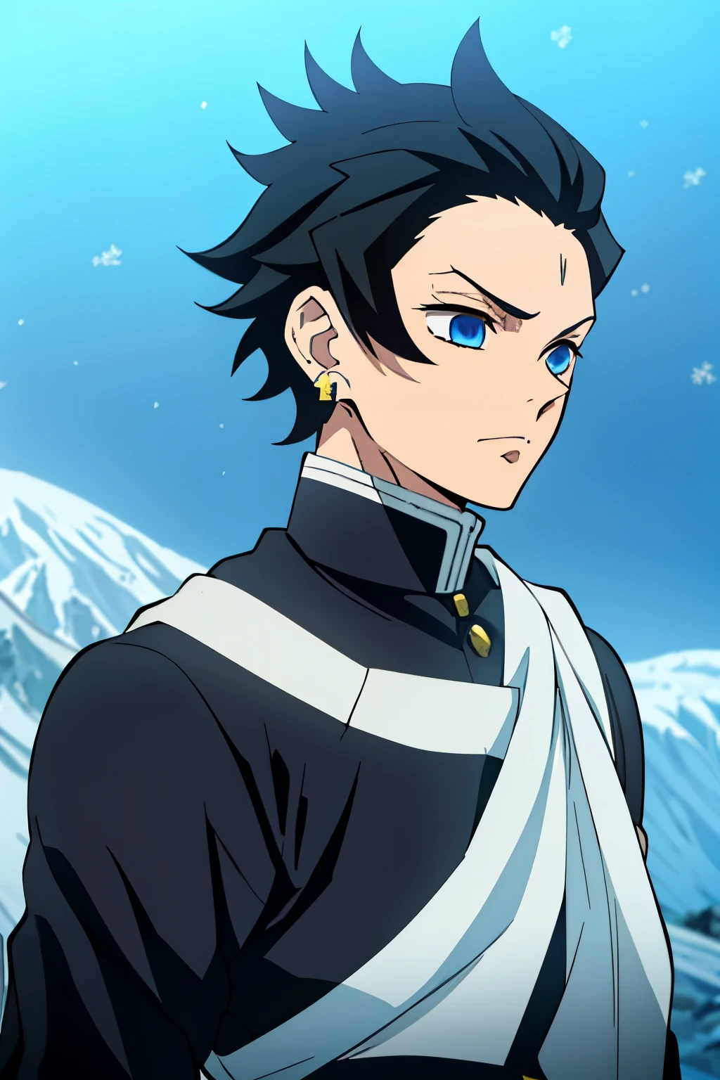 Male, Jet black hair, short length brushed back hair, icy blue eyes, ager, lean athletic body, strong jawline, (Black Demon Slayer Uniform), (Kimetsu no Yaiba), ((Unsheated white katana)), snowflake earrings