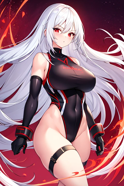 1girl, white hair, long hair, red eyes, serious, glowing eyes, large breasts, mature female, athletic female, toned, leotard, black leotard,