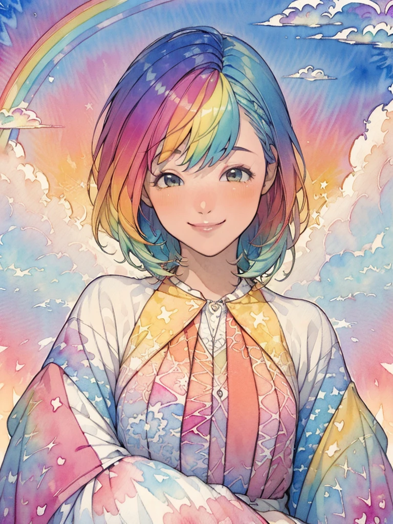 (masterpiece, highest quality, highest quality, watercolor (Moderate), Official Art, beautifully、aesthetic: 1.2), (1 girl: 1.3), (Fractal Art: 1.3), morning, Good morning, smile, sunny day, Hilarious, Look Viewer, pattern, Wave, (Rainbow Hair, colorful Hair: 1.2), null, gas, cloud, colorful, Soap bubble