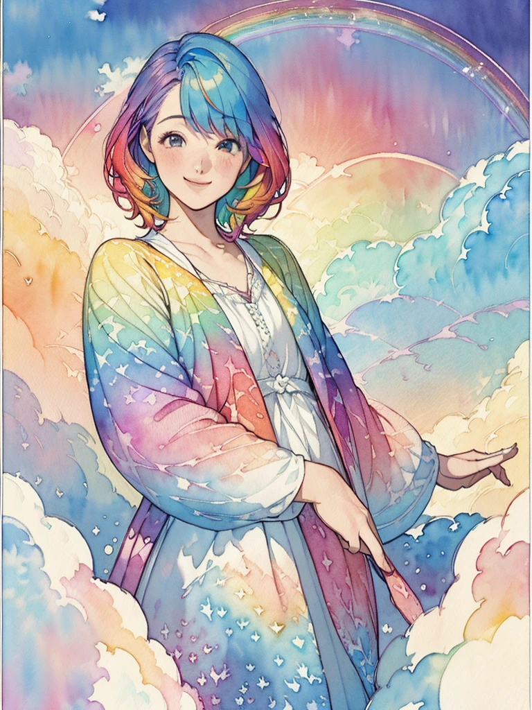 (masterpiece, highest quality, highest quality, watercolor (Moderate), Official Art, beautifully、aesthetic: 1.2), (1 girl: 1.3), (Fractal Art: 1.3), morning, Good morning, smile, sunny day, Hilarious, Look Viewer, pattern, Wave, (Rainbow Hair, colorful Hair: 1.2), null, gas, cloud, colorful, Soap bubble