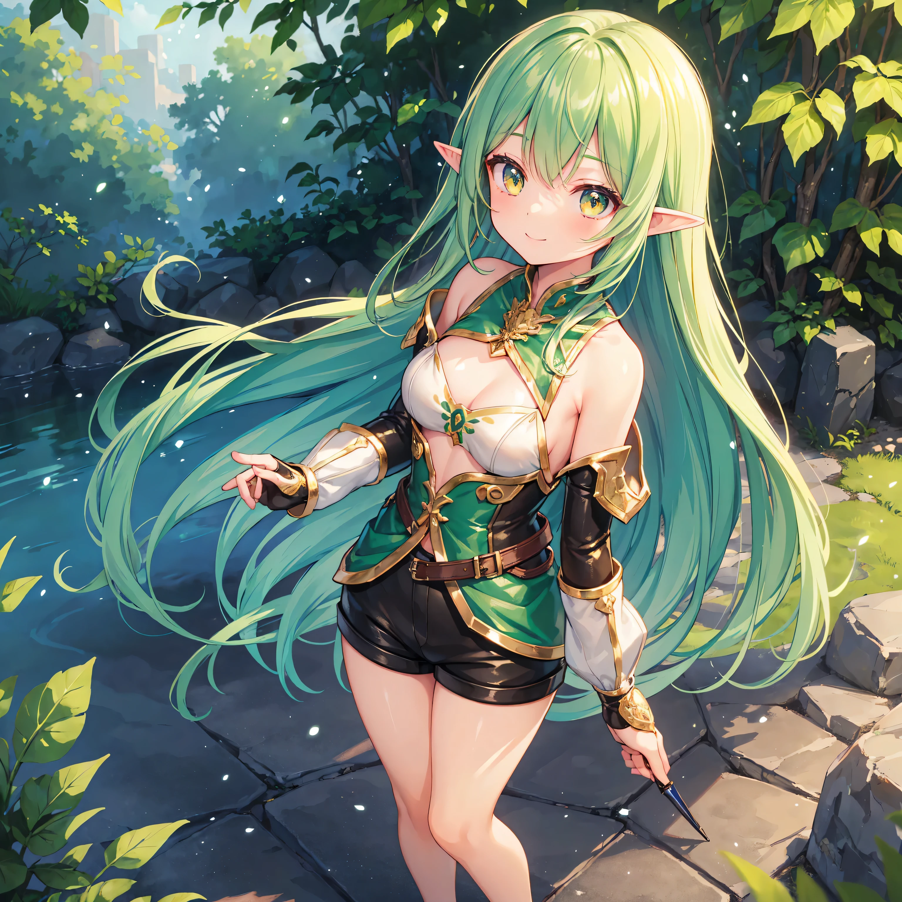 (((masterpiece))), (((highest quality))), ((Very detailed)), Very delicate light, finely fine grain and Detailed face, Detailed light, (Best Shadow),  beautiful fine details, (Detailed body), Detailed face, (colorful), beautiful detailed hair,Detailed Background:1.3, Fantasy, (Particles of light), Holding a bow、(Ray Tracing:1.2), one person girl,  (beautiful, fine grain:1.2), hunter,cute、Green Hair、Small breasts、Golden eyes、one person、Long Hair、(Full body portrait),(Are standing:1.3)、Elf、smile、Leather Breastplate、Side Tail、Shorts、Finger piercing gloves