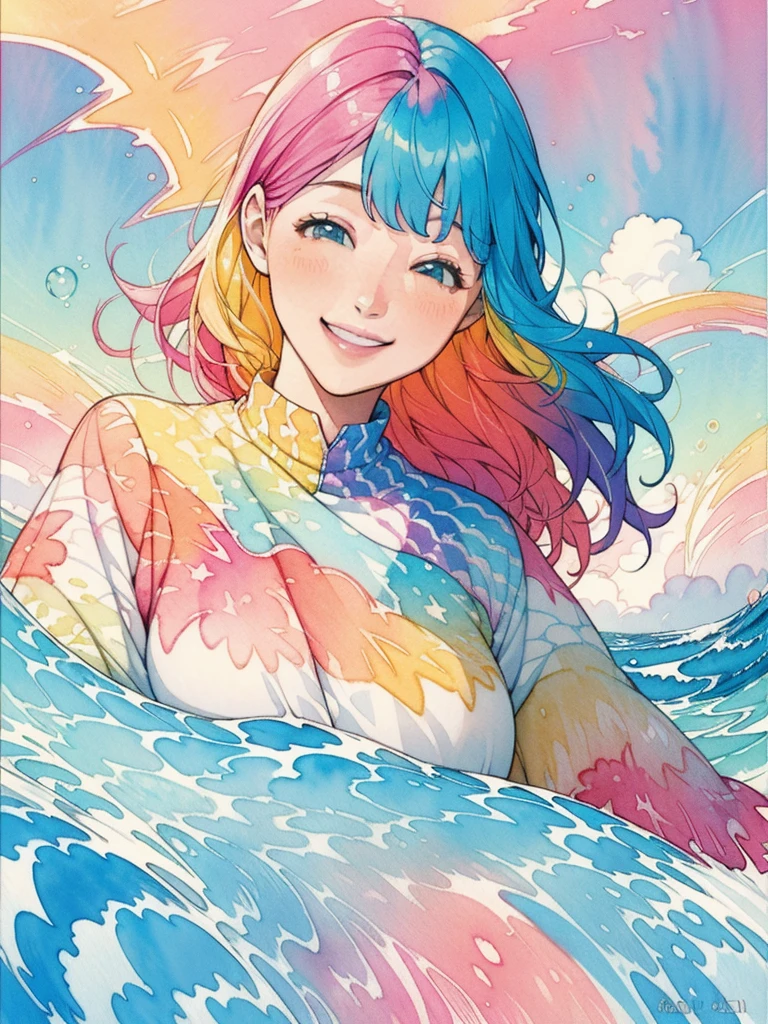 colorful girl in a watercolor painting, medium watercolor, official digital art, beautiful and aesthetic (1.2), 1 girl (1.3), fractal art (1.3), morning, good morning, smiling, sunny day, cheerful, looking viewer, patterns, waves, rainbow hair (1.2), colorful hair, sky, gas, clouds, colorful, bubbles