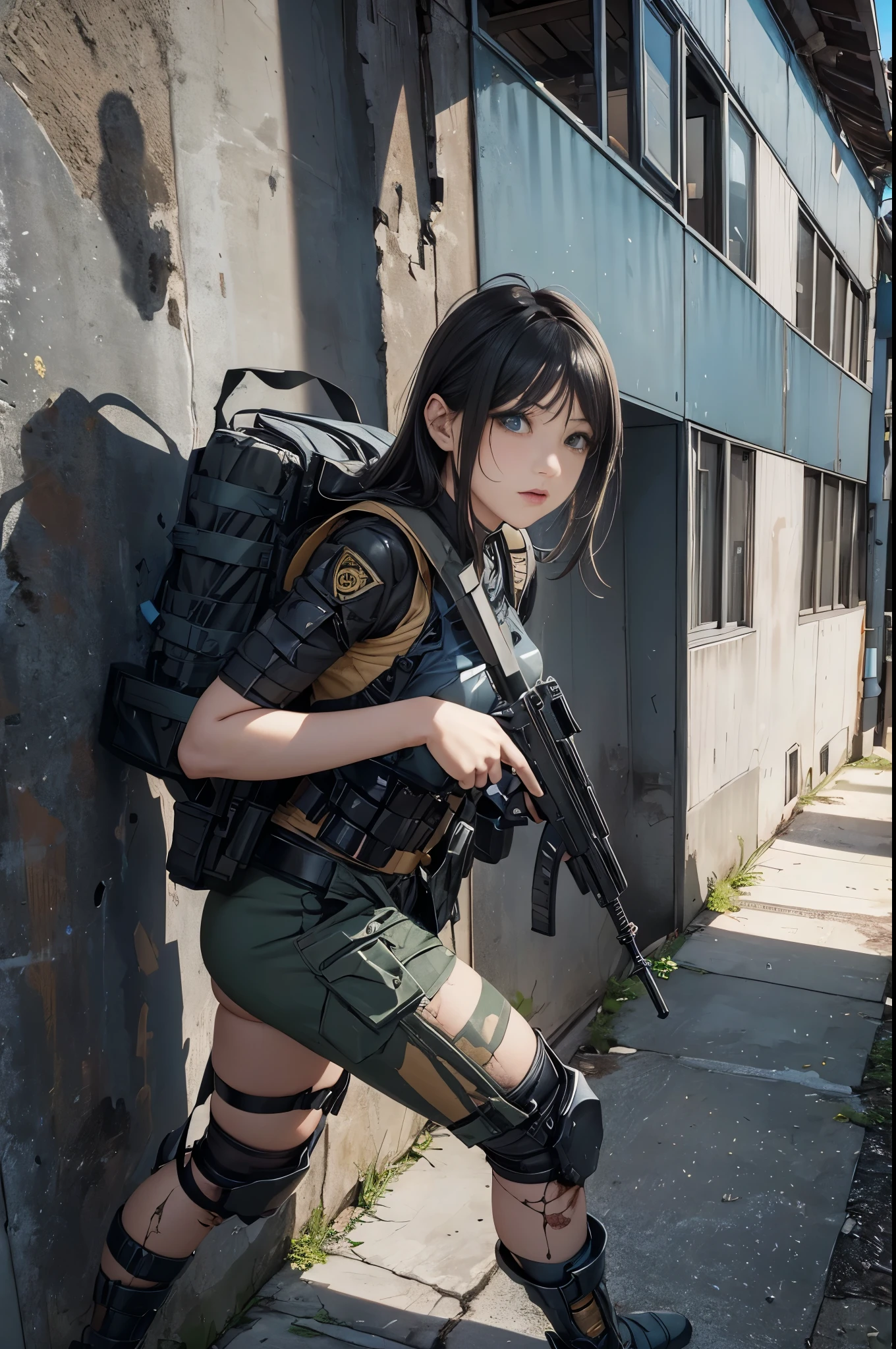 masterpiece, Nod, Goddess of victory character, (Battle Android Model), Female character android, (Wear it by jacking it with a strap, cargo pants, Military vest), (Have a weapon), Action pose, Battle Damage, (appear (Damaged:1.5) electricity (Android Parts:1.3)), (wallpaper, Screensavers)