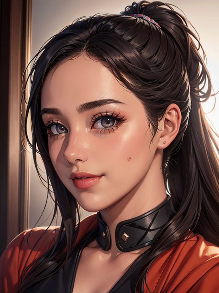 1girl, beautiful detailed eyes, beautiful detailed lips, beautiful detailed face, long eyelashes, smiling, ponytail, realistic, photorealistic, masterpiece, 8k, best quality, ultra-detailed, extremely detailed, vivid colors, studio lighting, physically-based rendering, professional