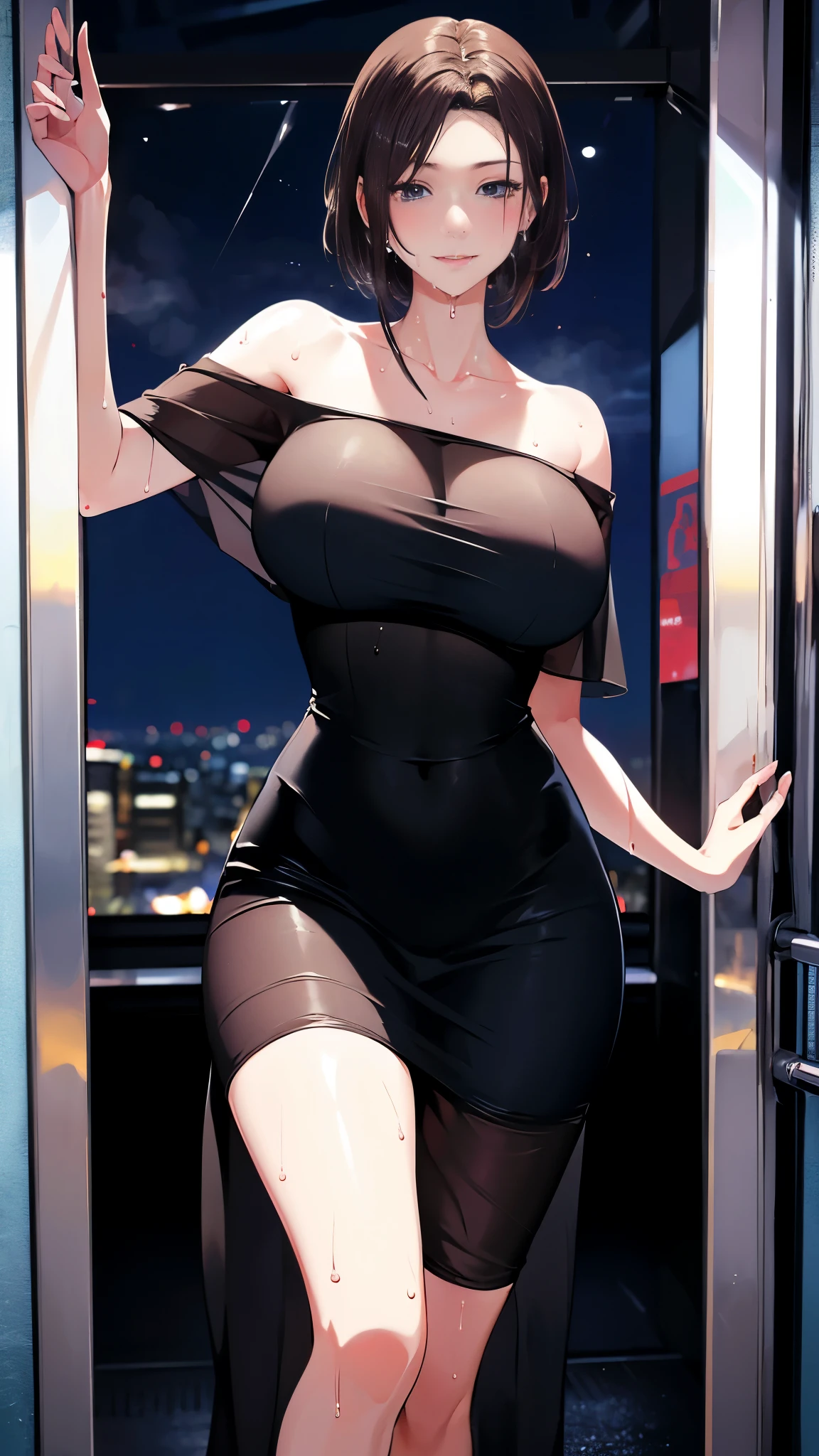 (8k, RAW photo、highest quality、masterpiece:1.2), Masterpiece, best quality, high resolution, very detailed, detailed background, 1 girl, looking at the audience, standing on the elevator, inside the train, posing pose,  off-the-shoulder dress, skirt, transparent, happy, (steam),((sweat))、The temptress、invite to lewdness、(night:1.6)