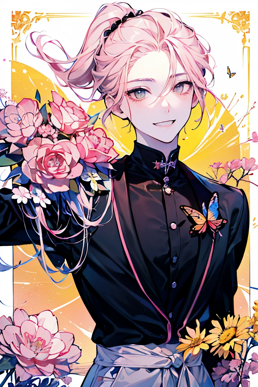 Fill with background、((Male, around 18 years old:1.2))、((1 men's:1.3))、((half up and half down hair:1.2))、beautiful smile、beautiful graphic、high quality、Sparkling Shiny eyes、Good  morning、beautiful butterfly background、(up arms:1.35)、victory pose、✌🏻、(milky color with pink、black、red、yellow:1.2)