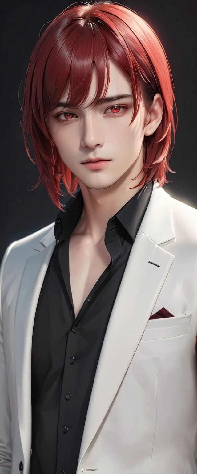 elegant young man with long red hair and intense red eyes, wearing a simple black shirt and jacket, looking directly at the viewer against a plain white background, with detailed facial features, glowing and radiant, tidy hairstyle with bangs, cropped shoulders, high-quality, masterpiece, photo-realistic, 8k, ultra-detailed, cinematic lighting