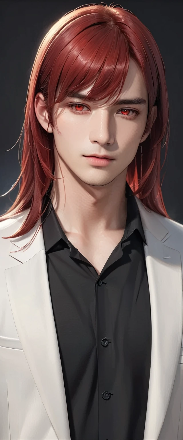 elegant young man with long red hair and intense red eyes, wearing a simple black shirt and jacket, looking directly at the viewer against a plain white background, with detailed facial features, glowing and radiant, tidy hairstyle with bangs, cropped shoulders, high-quality, masterpiece, photo-realistic, 8k, ultra-detailed, cinematic lighting