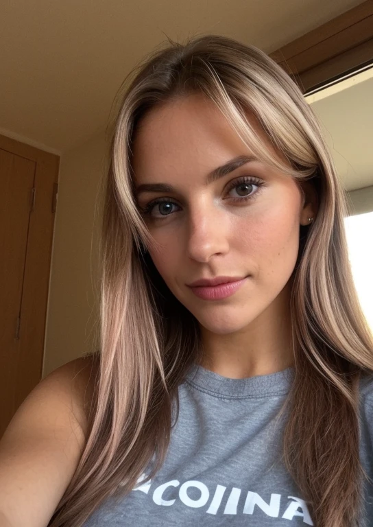 taken with the iPhone camera BREAK selfie in medium shot of a pretty young woman BREAK pink blonde BREAK film grain, calidad media, parado en una colina frente a una ciudad, luz natural