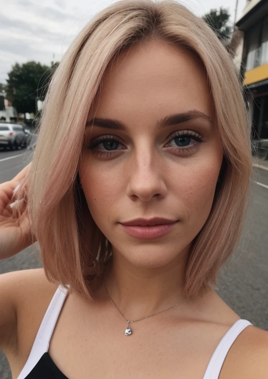taken with the iPhone camera BREAK selfie in medium shot of a pretty young woman BREAK pink blonde BREAK film grain, calidad media, parado en una colina frente a una ciudad, luz natural