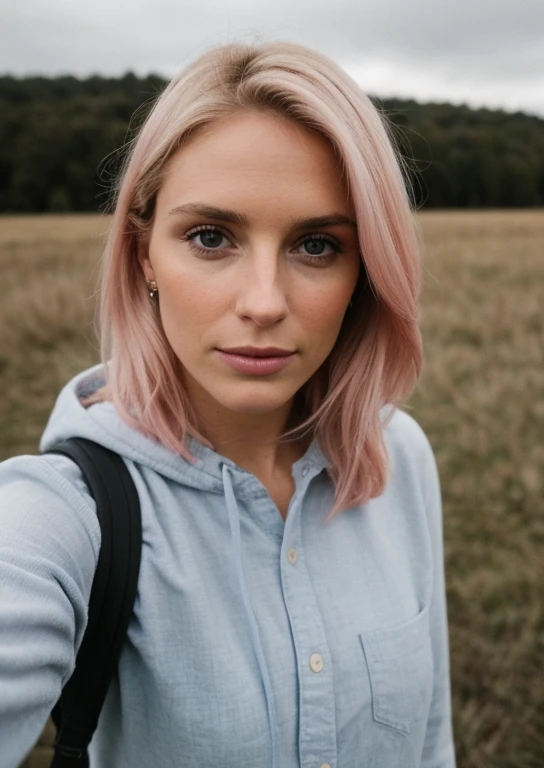 taken with the iPhone camera BREAK selfie in medium shot of a pretty young woman BREAK pink blonde BREAK film grain, calidad media, parado en una colina frente a una ciudad, luz natural