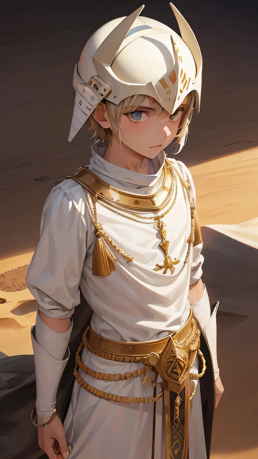 Garoto no Deserto: An Impassive Boy in a Straightjacket, Tomando um Escudo, Vestido com uma Armadura de Prata Polida, With an Ivory Helmet Embellished with Pearls, Set in a post-apocalyptic Desert with Sand Lights Illuminating the Environment, Your Army's Flight Signal Goes Up in Smoke, A Vida nos Campos de Batalha Bramam, Batalhas Intensas Atoam o Horizonte, Receives Warning from Base by a Smoke Mark
