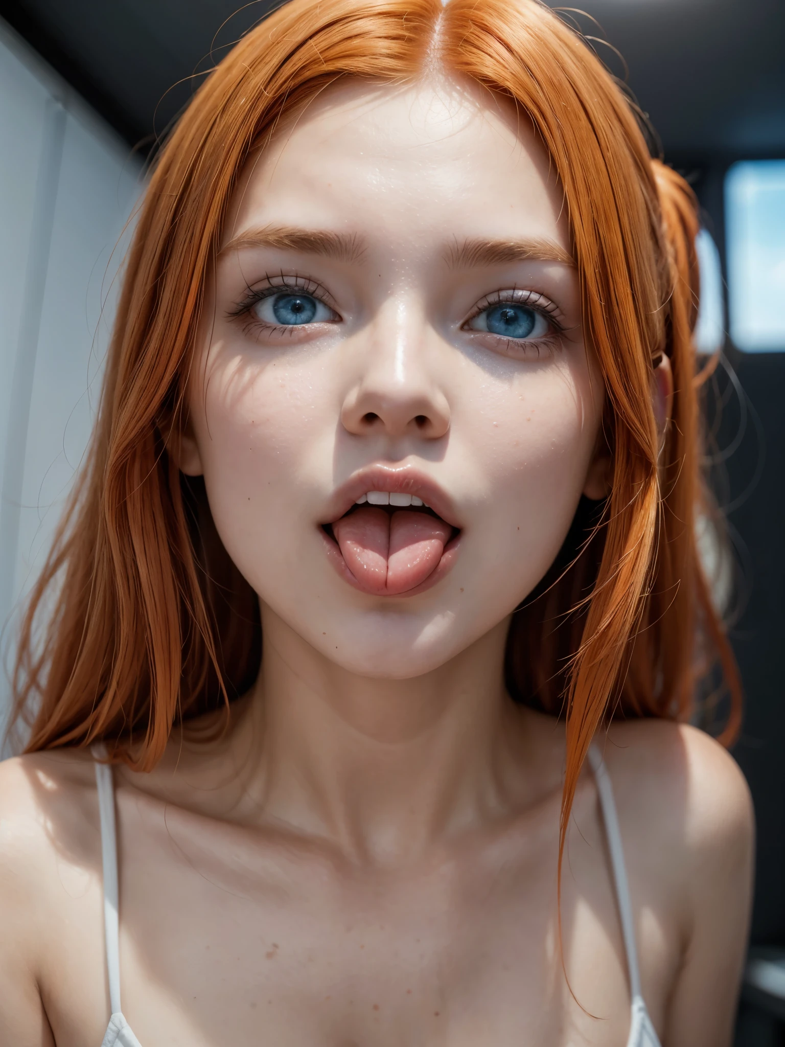 Hot girl, orange hair, blue eyes, showing the tongue