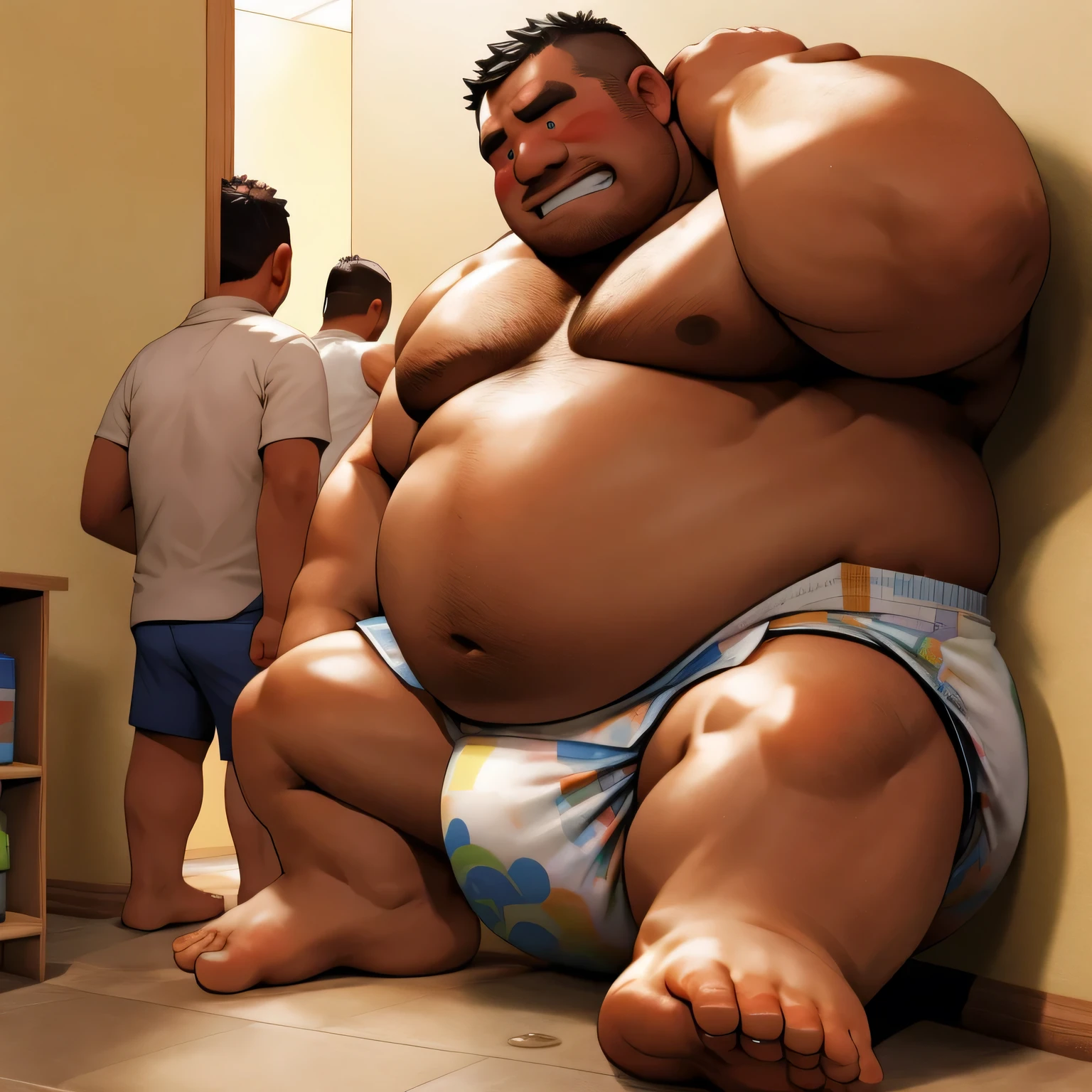 masterpiece, Top quality, in 32K, perfect anatomy, hyper detailed, super fine illustration, The thick man is a brutal prisoner, retarded, hairy, human, 50yo in japan, (fatness: 1.0), Fatty muscle, Bowleg, disappointment, incontinent, be diaper check by children, There is a small puddle under him, Naked, short legs, Bowleg, spread legs, wear a White cloth Diaper, Bare belly, Bare legs, Bare foots, Bare soles, Shirtless, wide forehead and short thinning hair, Man with round face with stubble, Bare foots, Bare soles, shy, sissy, Weaker than children, Drool, Round face, He enters nursery school and is despised by children, He is made to stand attention in the corner of the playroom, corner time, He surrounded by children, Bare foots, big butt, White Diaper, sobbing, There is a small puddle under him