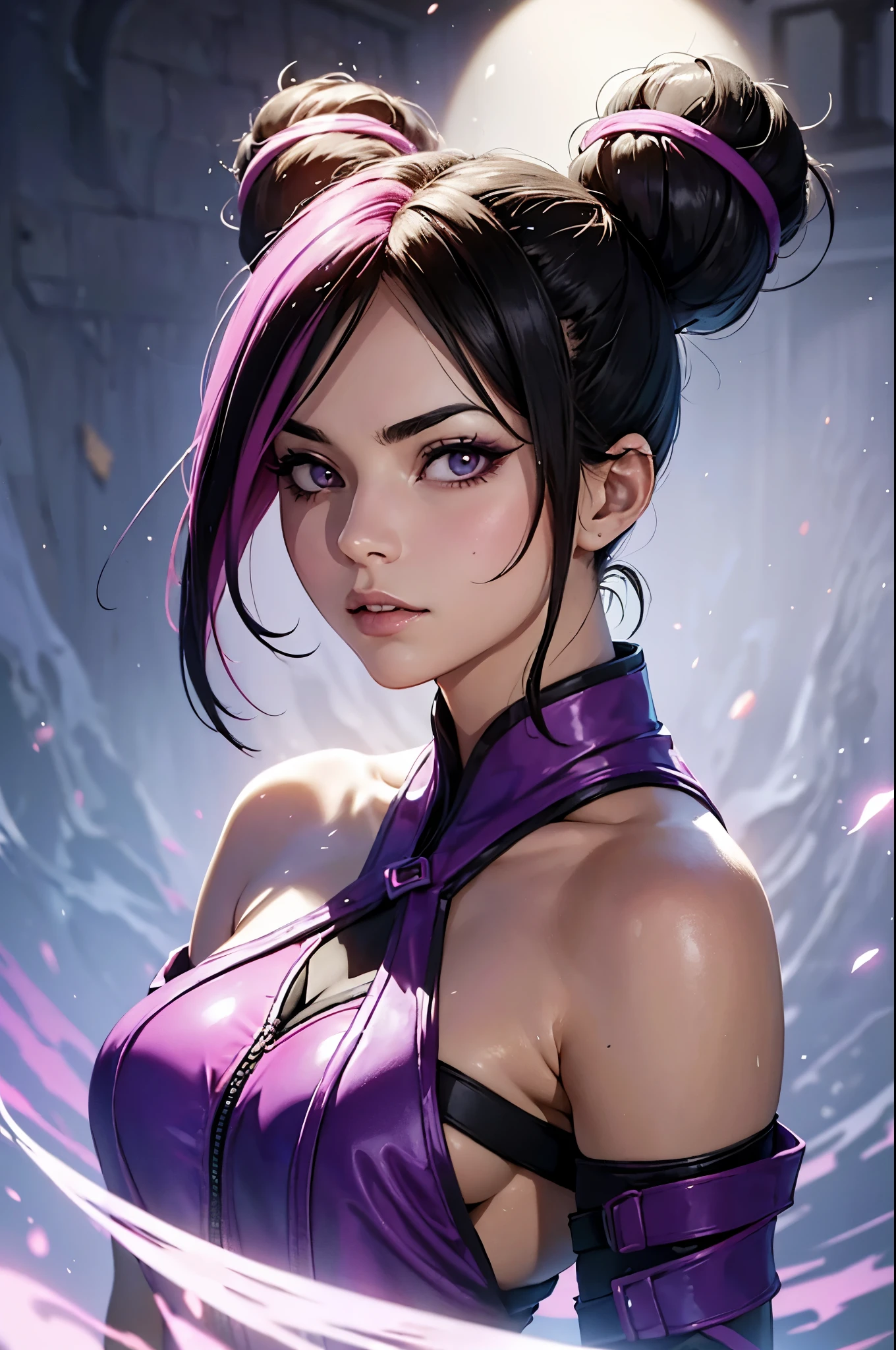 Juri Han, street fighter(master part, best quality, ultra-detalhado, Melhor sombra), (Antecedentes detalhados, Olhando para o Viewer, Serious, irritado), Rosto detalhado, (best ilumination), ((Cinematic light)), colorido, hiper detalhe, dramatic light, detalhes intrincados