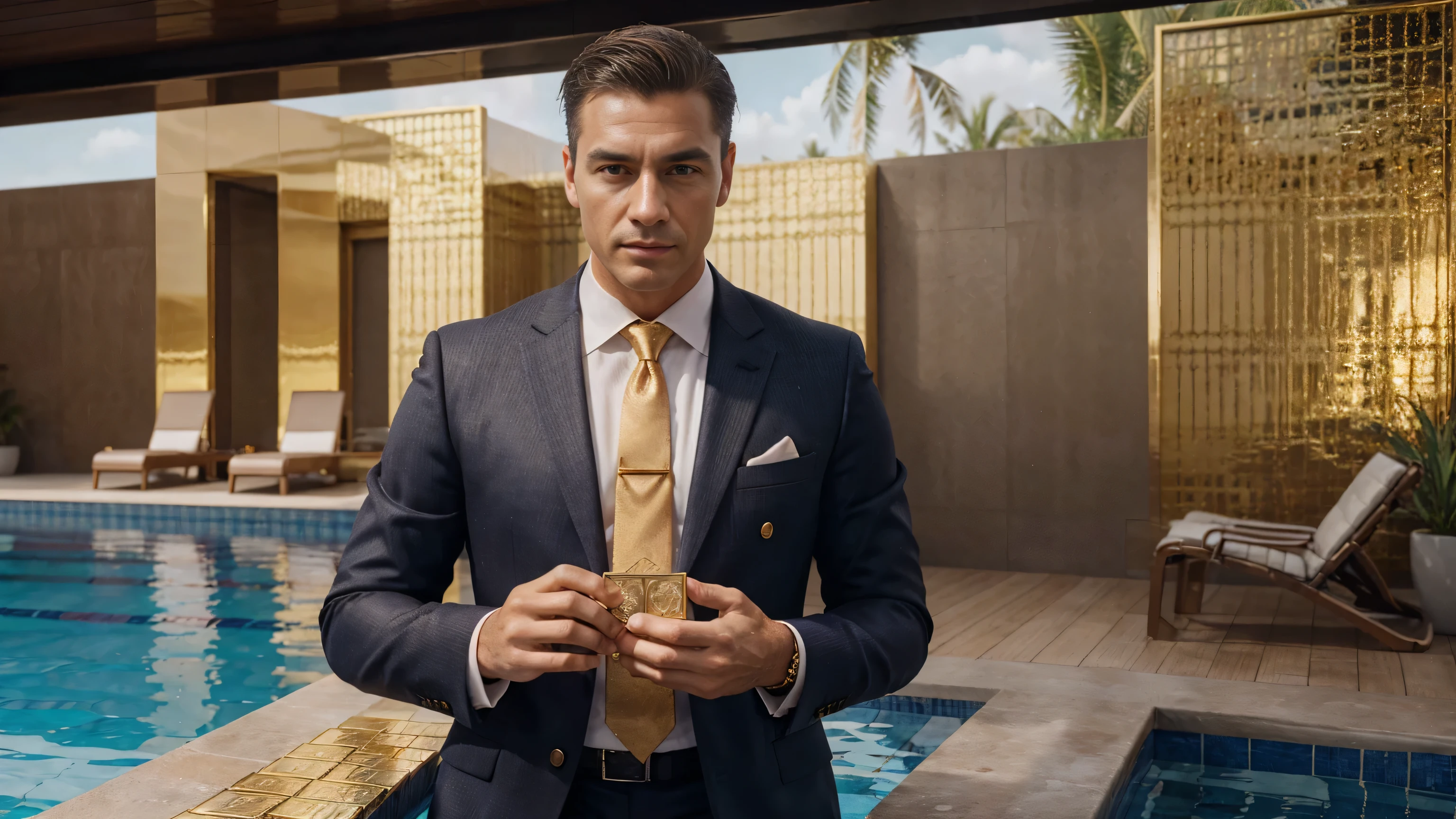 a millionaire man in a suit in front of a swimming pool and beside him several bars of gold money, ultra detailed image, realism, 8k, hyper detailed skin, intense and vivid colors.
