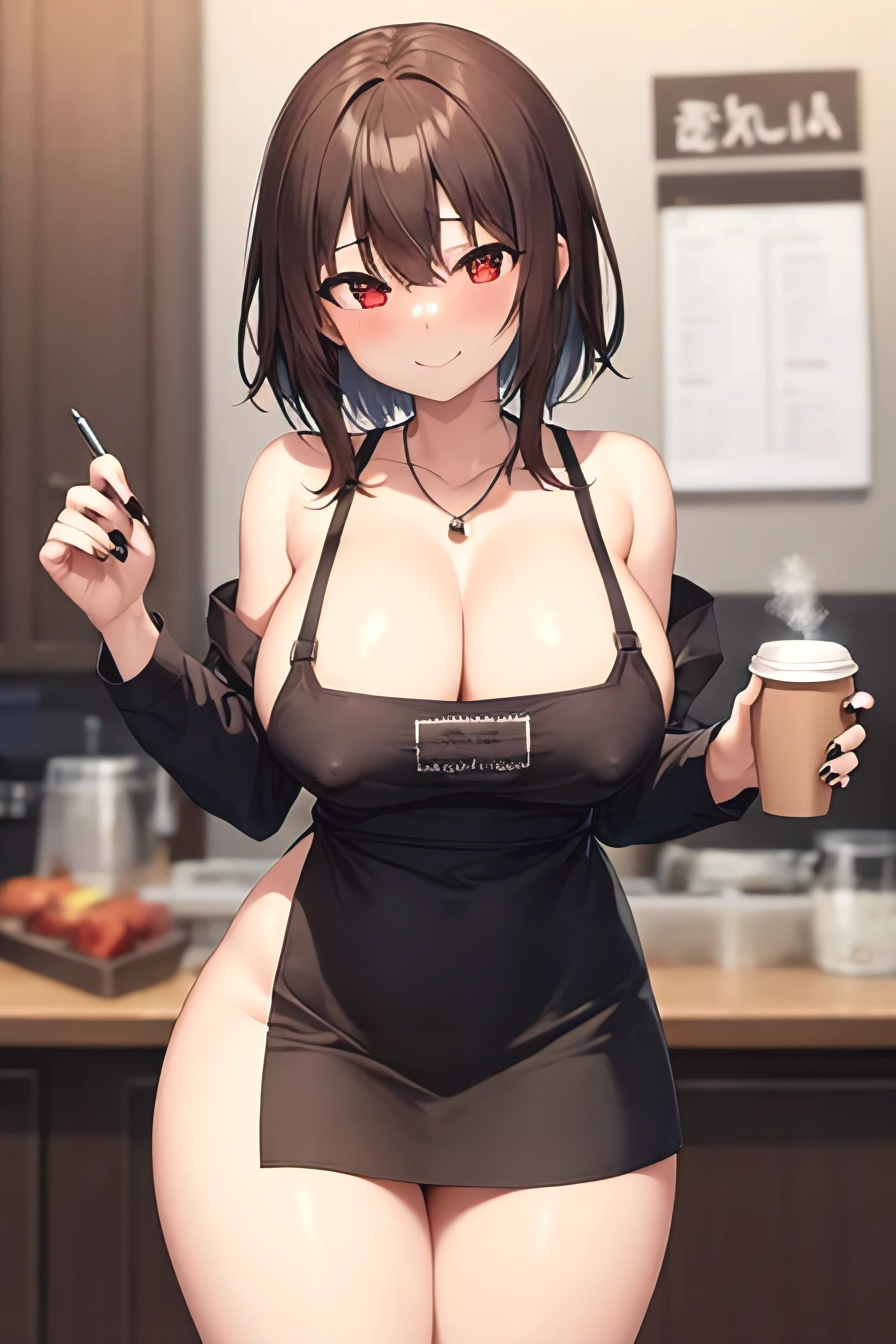 1 girl, alone, brown hair, chibi, smile, necklace, looking at viewer, pleated skirt, style parody, red eyes, simple background, short hair, parody, megumin, 1 girl, alone, breasts, mouth_open, simple_background, smile , short_hair, neckline, looking_at_viewer, bare_shoulders, background, meme, 1 girl, breasts, naked_apron, pale_skin, alone, apron, horrible thighs, disposable cup, english text, marker, wide hips, thighs, blush, holding, cup, cleavage, ref eyes, coffee , blurred background, curvy, speech bubble, slip_areola, black nails, green_apron, looking_at_viewer, holding_cup, bare_hips, blurred, big_breasts, clavicle, indoors, pen, covered nipples, bare shoulders, coffee cup