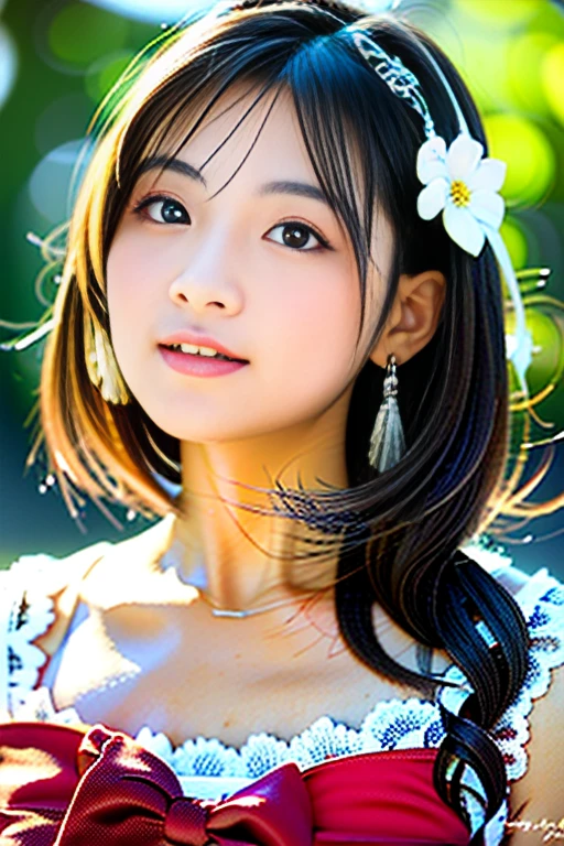 (Highest quality details:1.2), Realistic, 8K Ultra HD, High resolution, Fujifilm(Medium format), Hasselblad, Carl Zeiss, Incredible dynamic range photography(utility_art:Smoose-768:1.1), (One Girl:1.2), Super detailed, High quality textures, Intricate details, detailed, Very detailed CG, High Quality Shadows, detailed Beautiful and delicate face, detailed Beautiful and delicate eyes, Depth of written boundary, Ray Tracing, 18 years old, Cute Japanese Girl, Narrow Face, Glossy lips, Glowing Eyes, Glowing Eyes, Perfect body, View the viewer, (Jewelry Earrings), (Eye Color: Brown), (Bright red flower hair ornament), (Long white hair), (Layered Hairstyles), (Classic Gothic Lolita:1.5), Fashion Model Style, Small breasts. Tehehe face